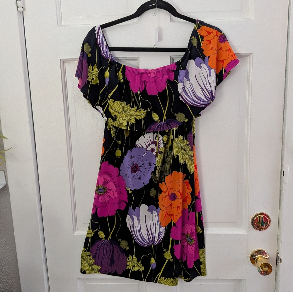 Trina Turk Floral Off Shoulder Dress M Black Multicolor Bold Print Stretch Mini - Picture 3 of 4